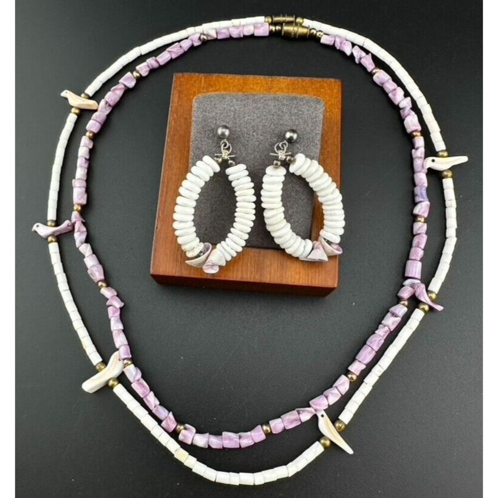 Vintage BIRD FETISH Necklace Purple & White Sea Shell Bead & Earrings